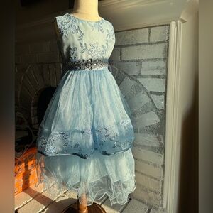 Girls Formal Light  Blue Kids Dress with rhinestones